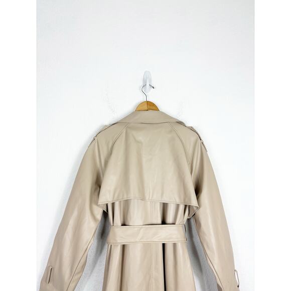 ASOS DESIGN Tan Faux Leather Trench Coat Size 12 Long Preppy Chic Minimalist - Picture 13 of 15